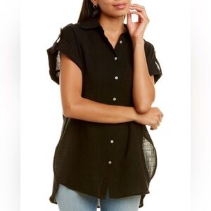 Nanette Lepore|Black Casual Button-Up Top in short sleeve,gauze beachy style•••L